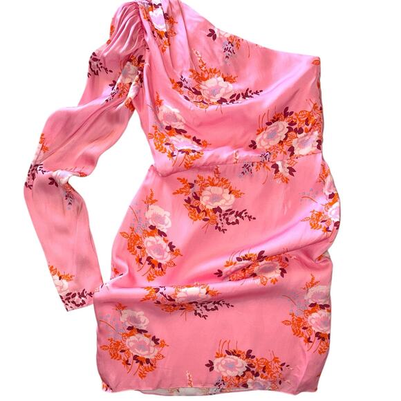Les Reveries One Sleeve Pink Satin Floral Print Mini Dress size 0 - Picture 6 of 15